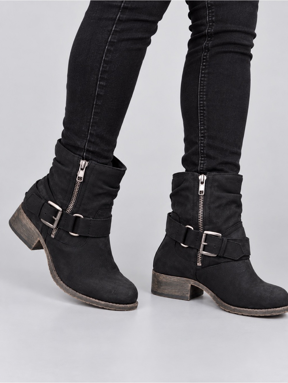 Ladies pop Black Buckle Ankle Booties with Side Zipper